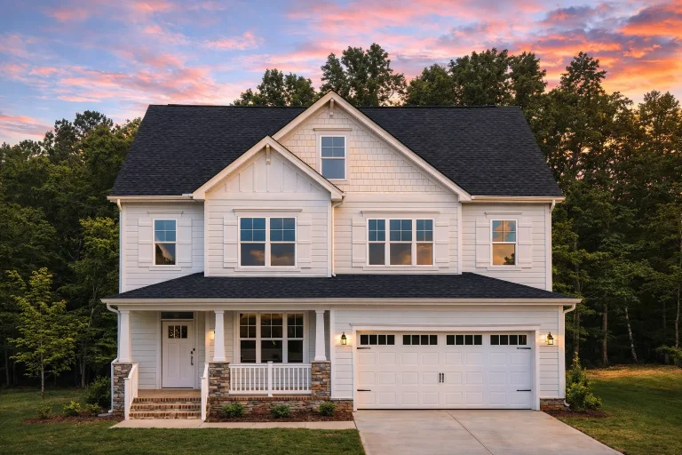 Front elevation of a New American style home with horizontal siding, stone porch columns, symmetrical windows, and attached two-car garage