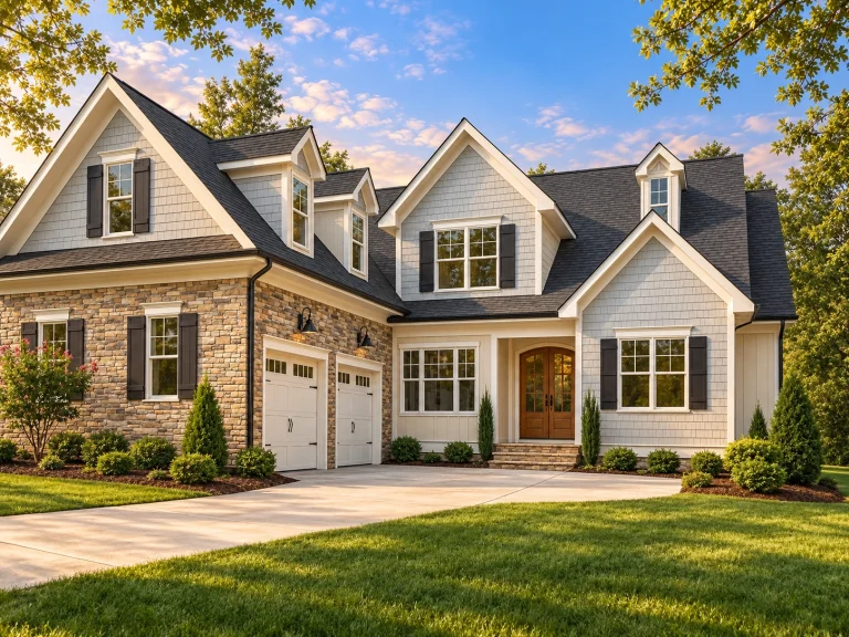 Front elevation of a New American traditional style home featuring stone accents, horizontal siding, gabled rooflines, explaining Craftsman and modern traditional details