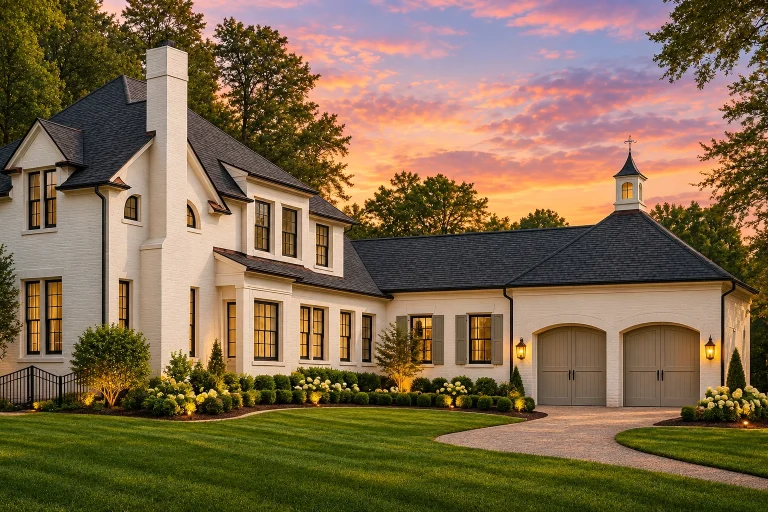 Front elevation of French Country style home with smooth stucco exterior, steep hip rooflines, tall windows, and side-entry two-car garage