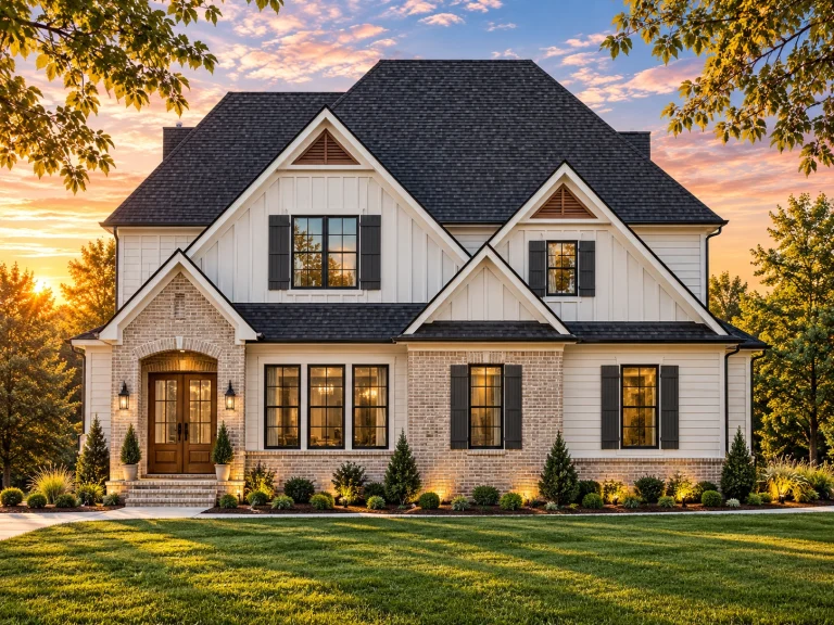 Top Designer-Approved House Plans 2 Front elevation of Modern Farmhouse style home with brick base, white horizontal lap siding, gabled rooflines, and warm window lighting