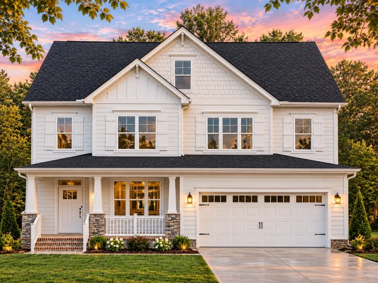 Top Designer-Approved House Plans 16 Front elevation of a New American style home with horizontal siding, stone porch columns, symmetrical windows, and attached two-car garage