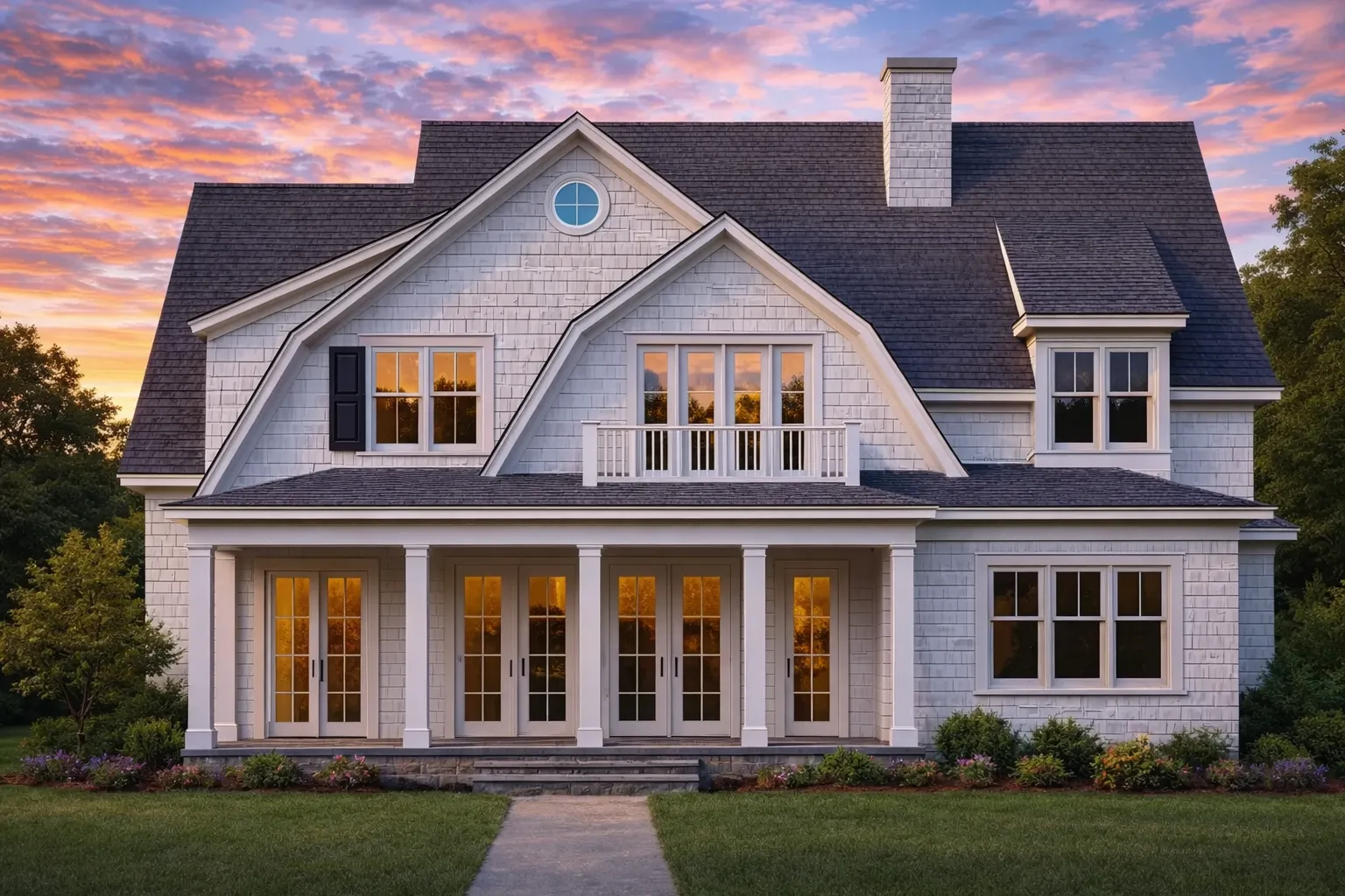 Front elevation of Shingle Style Coastal Traditional home with gray shingle siding, symmetrical windows, and covered porch