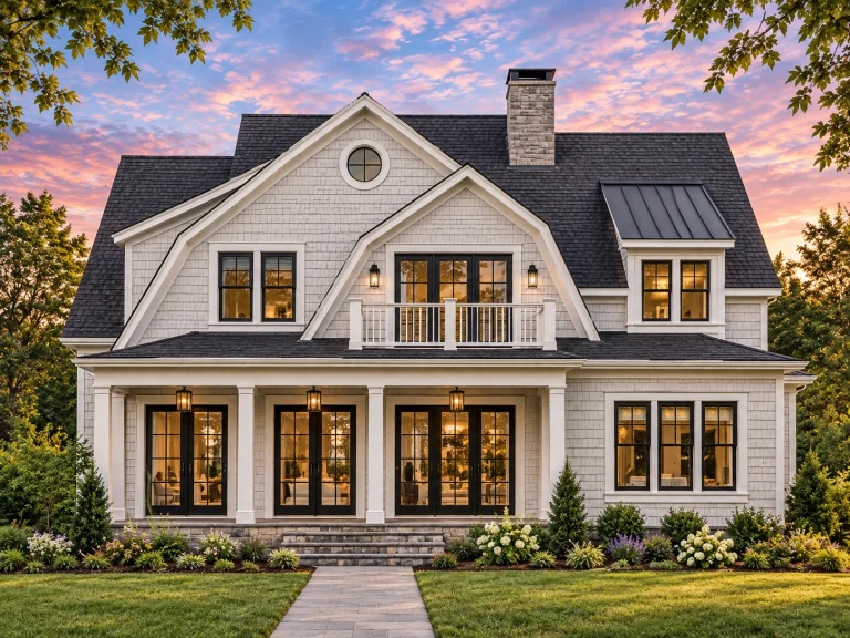 Front elevation of Shingle Style Coastal Traditional home with gray shingle siding, symmetrical windows, and covered porch
