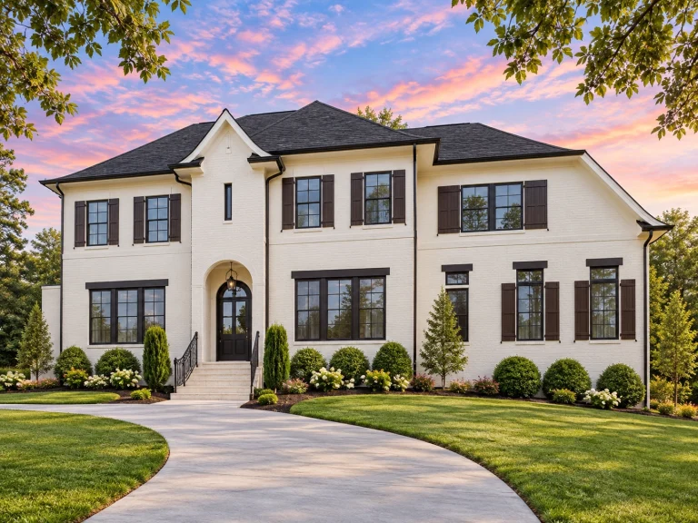 Modern Suburban House Plans 13 Front and side view of a Transitional Modern Traditional home featuring smooth stucco exterior, black window trim, and arched entryway design with timeless curb appeal
