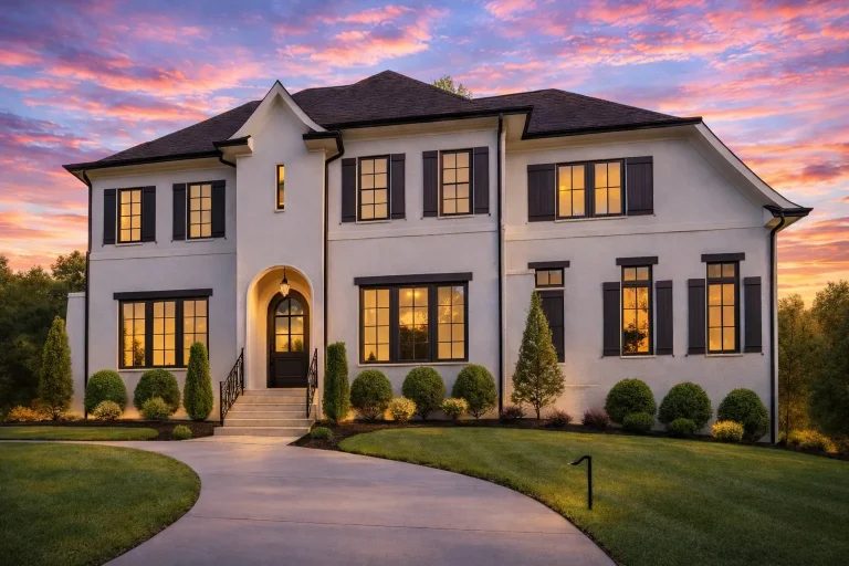 Front and side view of a Transitional Modern Traditional home featuring smooth stucco exterior, black window trim, and arched entryway design with timeless curb appeal