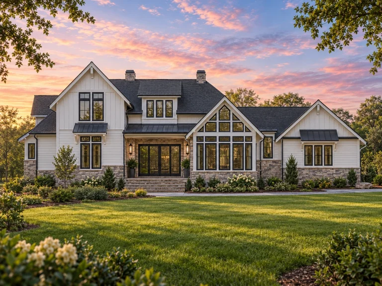 Front exterior view of a coastal Shingle Style home featuring cedar shingle siding, large windows, and elegant traditional proportions