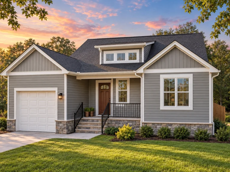 House Plans with Fireplace 18 Front elevation of a Traditional Craftsman suburban home featuring horizontal siding, board-and-batten gables, and stone foundation accents