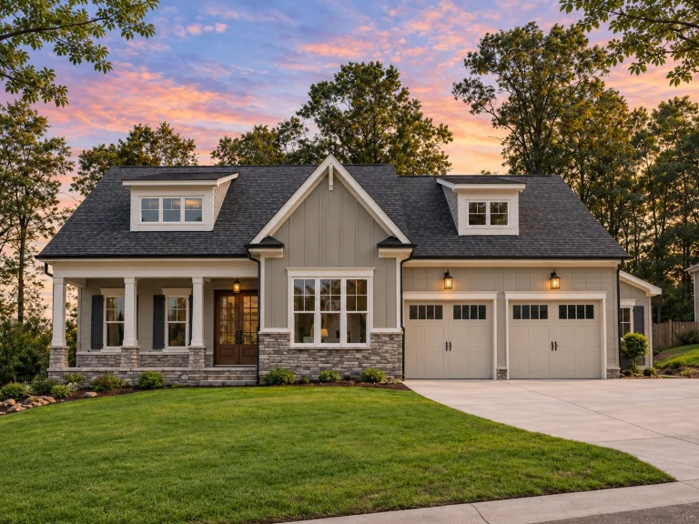 Conventional House Plans 1 Front elevation of a Modern Farmhouse style home featuring board and batten siding, stone accents, gabled rooflines, and a covered front porch