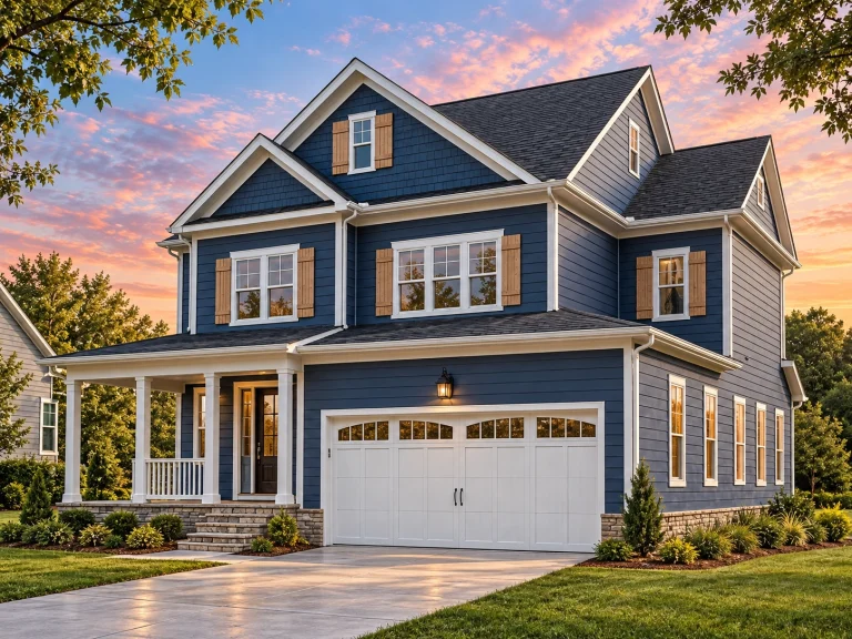 Front elevation of a New American style home with coastal traditional influence, blue horizontal siding, white trim, and covered front porch