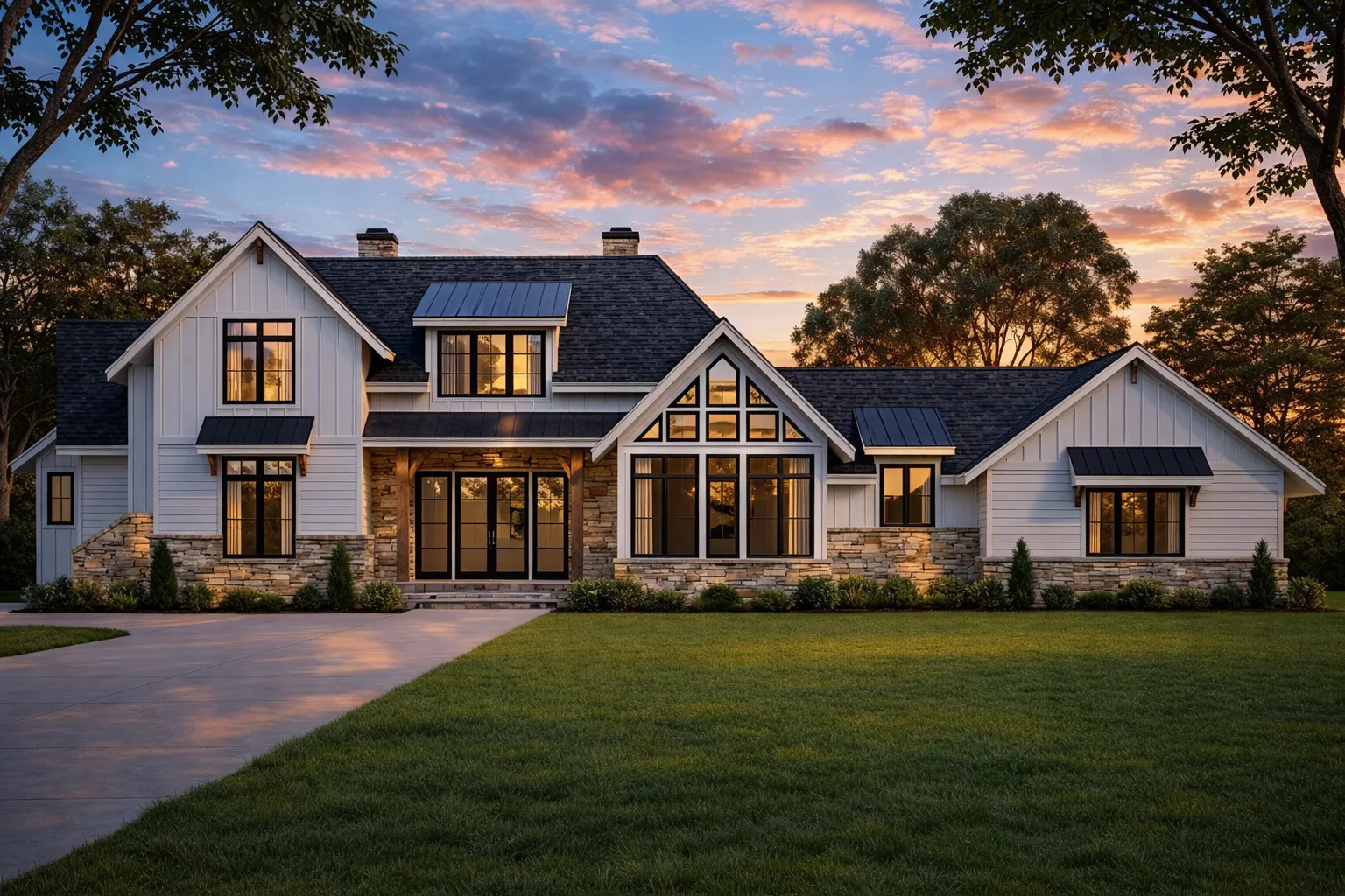 Front exterior view of a coastal Shingle Style home featuring cedar shingle siding, large windows, and elegant traditional proportions