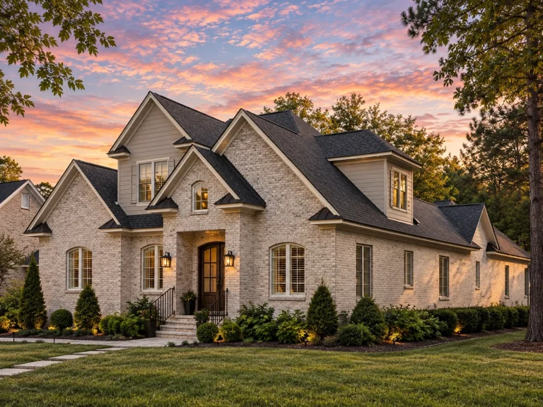 Ranch House Plans 24 Front elevation of a French Country style home featuring brick and stone exterior, steep gabled roof, and symmetrical windows