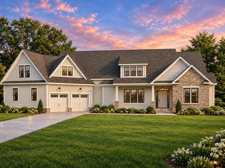 Front view of a Traditional Craftsman style home with siding and stone exterior, gable roofs, and green shutters