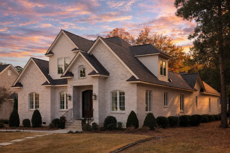 House Plans with Home Office 4 Front elevation of a French Country style home featuring brick and stone exterior, steep gabled roof, and symmetrical windows