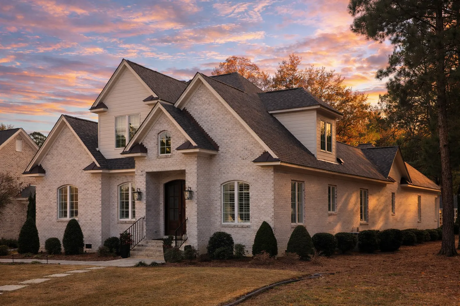 Modern House Plans 3 Front elevation of a French Country style home featuring brick and stone exterior, steep gabled roof, and symmetrical windows
