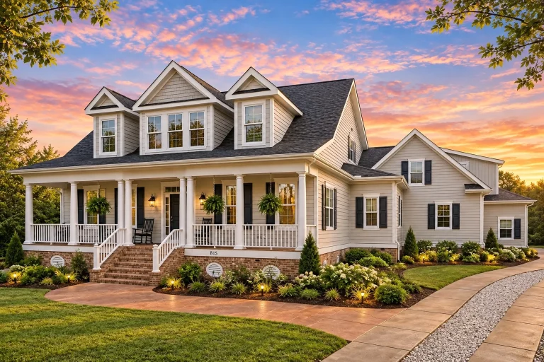 Front elevation of a Southern Low Country style home featuring yellow lap siding, white columns, brick foundation, and a full-width covered porch