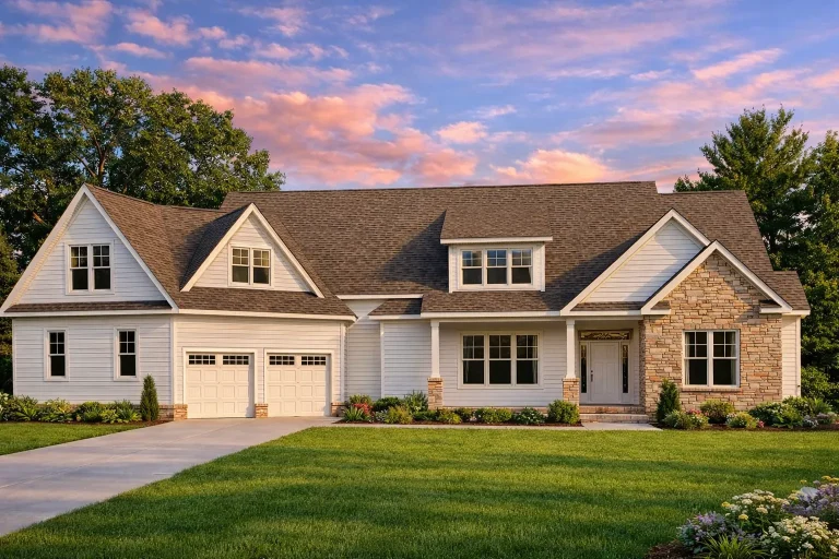 Front view of a Traditional Craftsman style home with siding and stone exterior, gable roofs, and green shutters