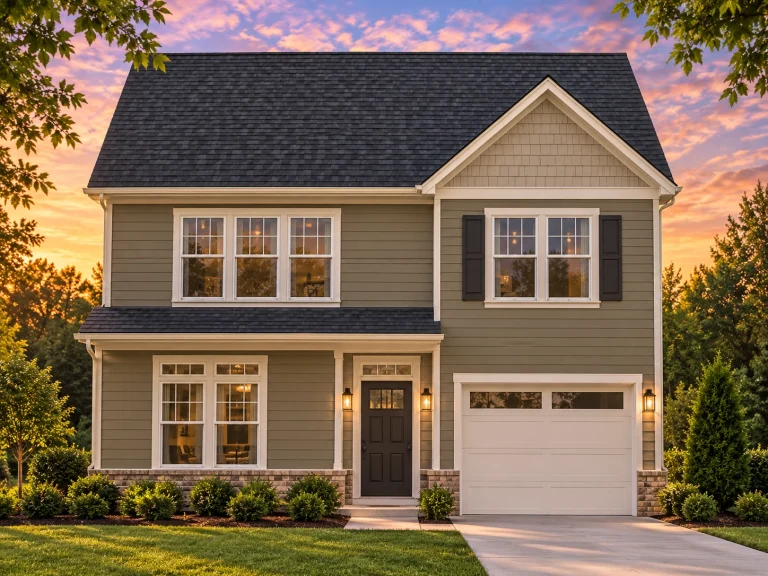 1 Bedroom House Plans 5 Front elevation of a New American style two-story house featuring horizontal siding, stone accents, black shutters, and an attached garage
