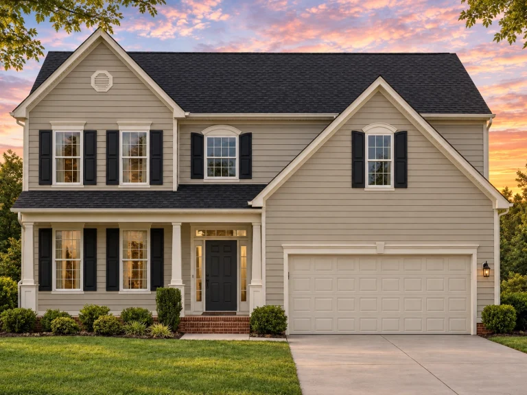 Triplex House Plans 9 Front elevation of a New American Traditional Colonial style home with horizontal siding, brick accents, symmetrical windows, and attached two-car garage