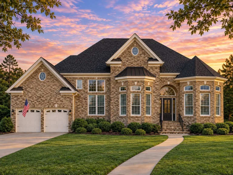 House Plans with Kitchen Island 23 Front exterior of a Traditional Colonial style brick home featuring symmetrical windows, arched entryway, and classic Southern detailing
