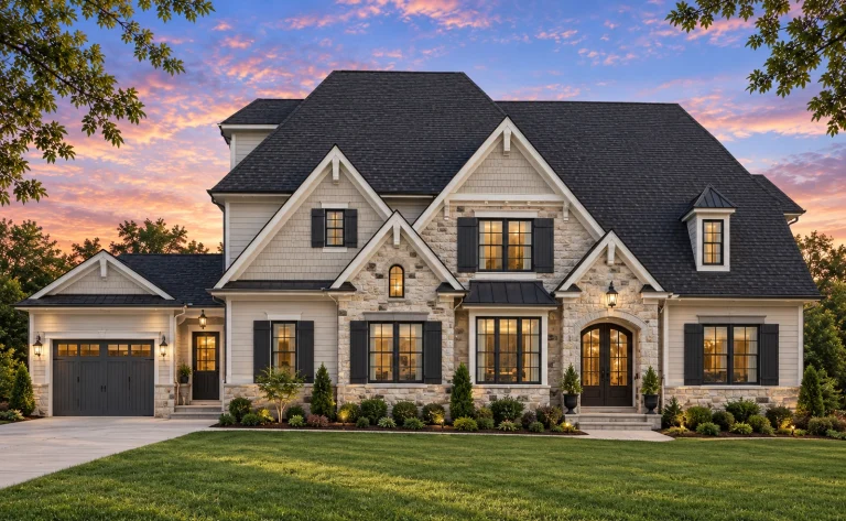Front elevation of a New American Modern Traditional house with brick and siding exterior, symmetrical windows, and elegant arched entry