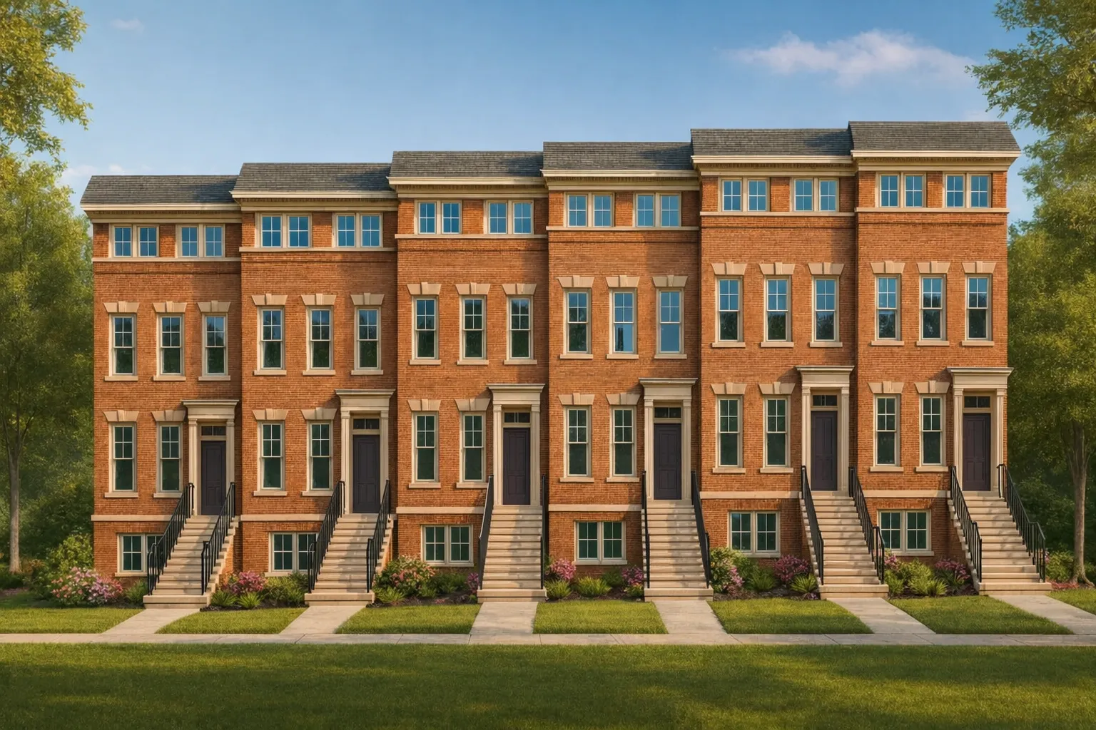 Front elevation of Georgian style brick townhomes with symmetrical windows, classic proportions, and traditional urban architecture