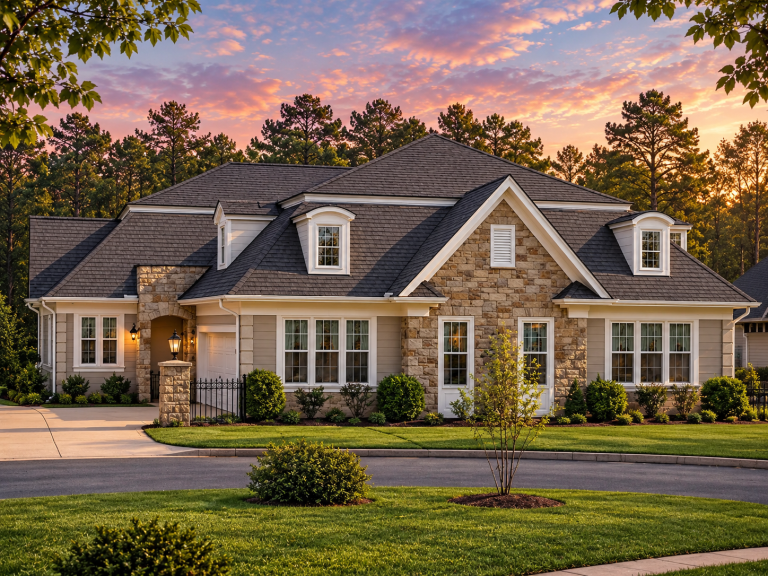House Plans with Bedrooms on Upper Floor 13 Front exterior view of a New American style home with brick and stone façade, Colonial Revival symmetry, dormer windows, and manicured landscaping