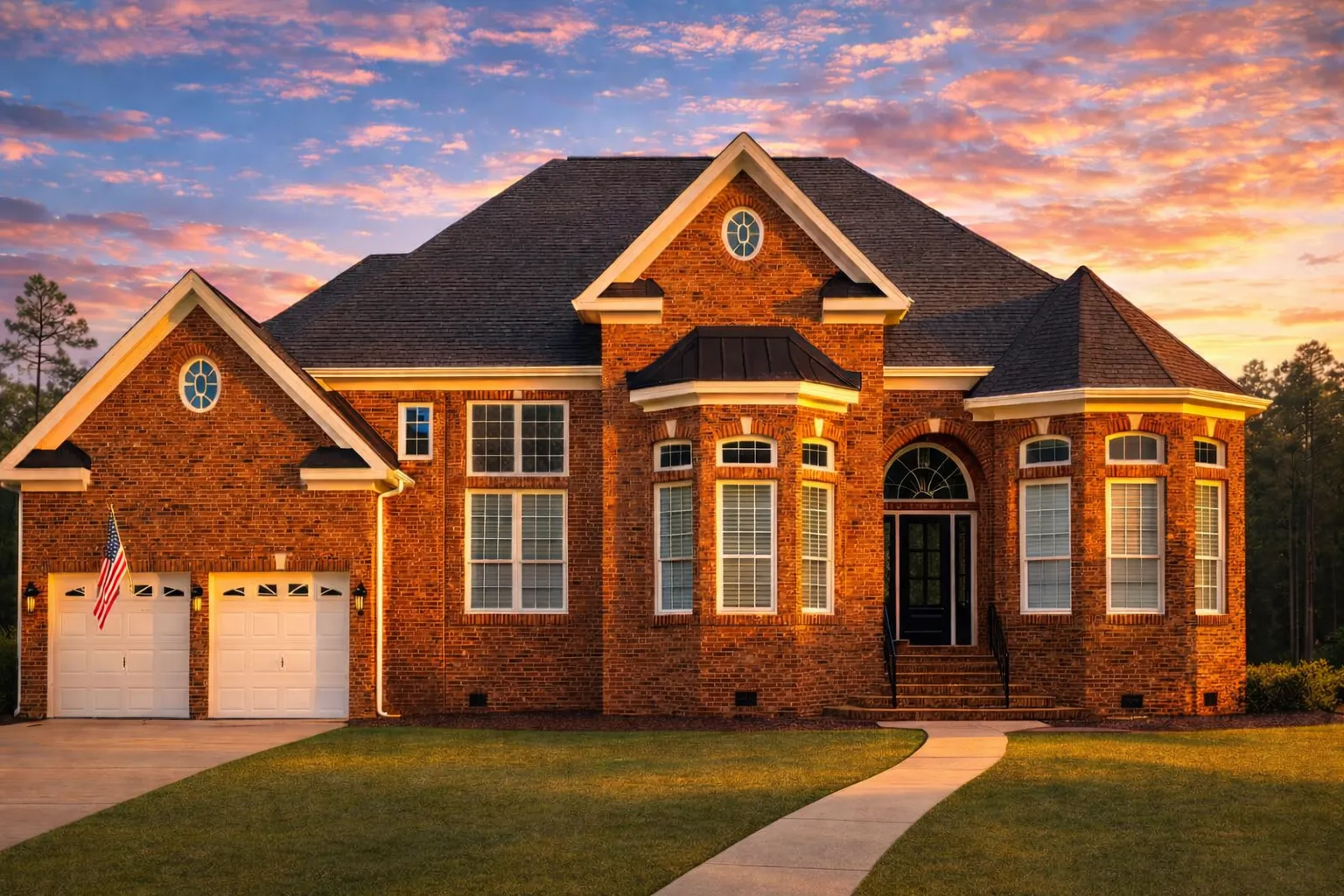 Front exterior of a Traditional Colonial style brick home featuring symmetrical windows, arched entryway, and classic Southern detailing