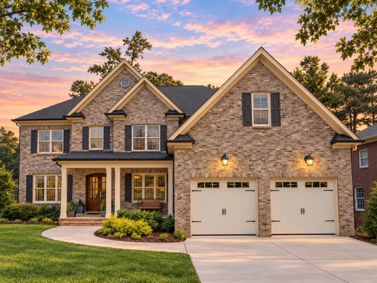 Front elevation of a Traditional Colonial style home with brick exterior, symmetrical windows, gabled rooflines, and attached garage