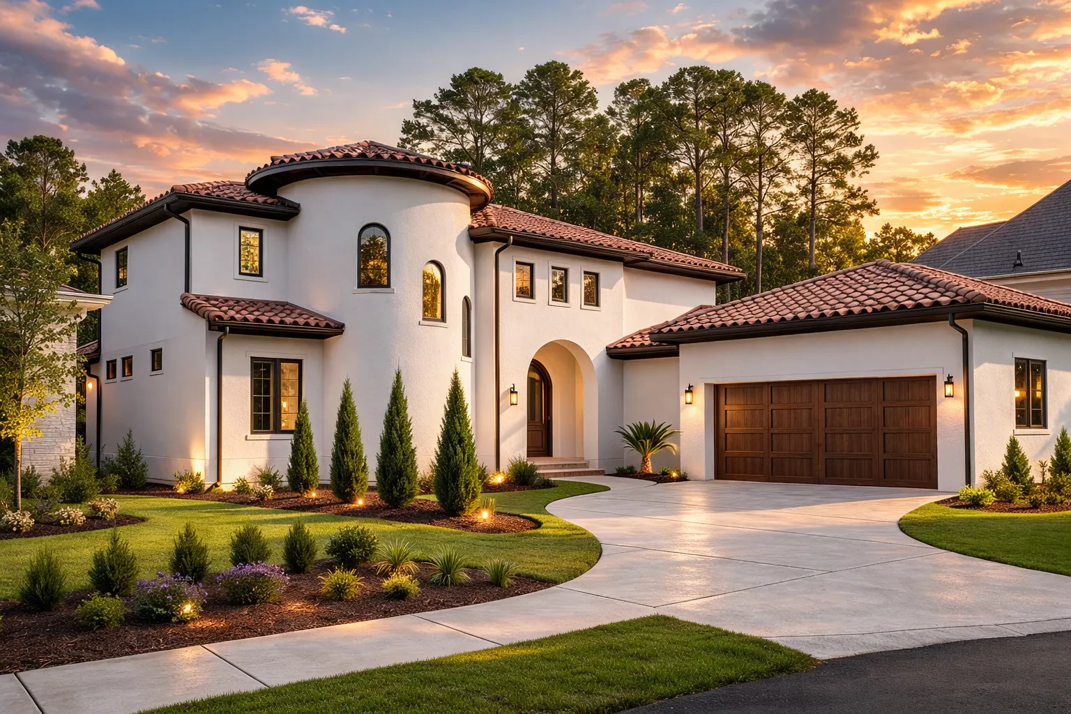 Front elevation of a Mediterranean Spanish Revival style home featuring smooth stucco exterior, arched entry, clay tile roof, and attached two-car garage
