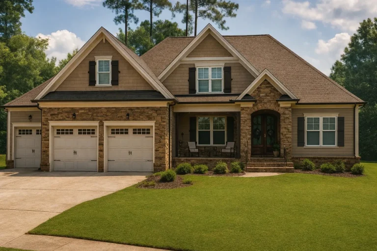 Front elevation of a Traditional style brick and stone house with three-car garage, gabled rooflines, shutters, and covered entry porch