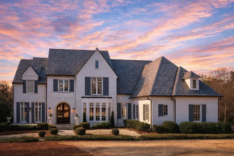 Front elevation of a French Country style home with painted brick exterior, steep slate-style rooflines, arched entry, and symmetrical European detailing
