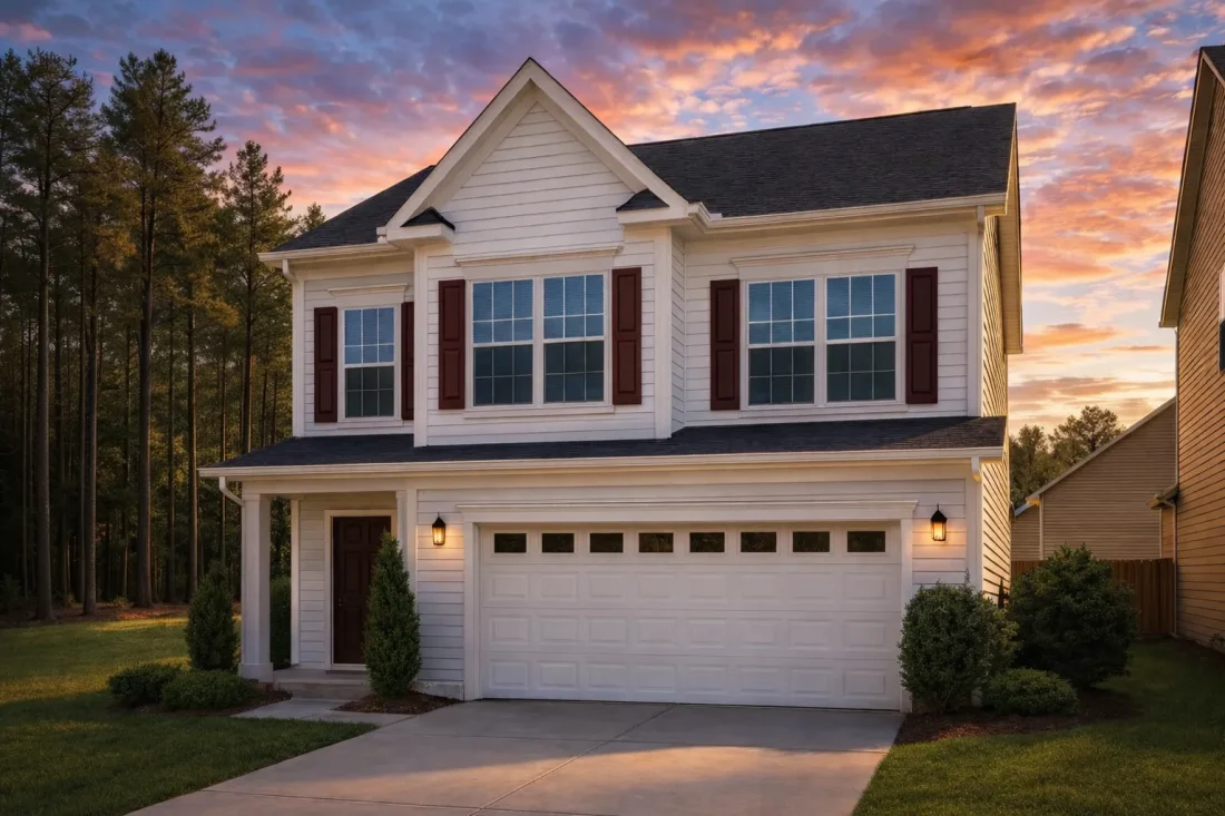 Front elevation of a Traditional Suburban two-story house with horizontal siding, red shutters, large windows, and a two-car garage