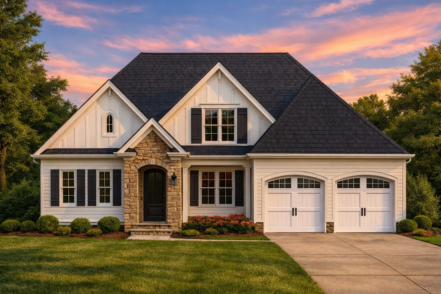 Front elevation of a New American modern traditional house featuring board and batten siding, stone accents, and carriage-style garage doors