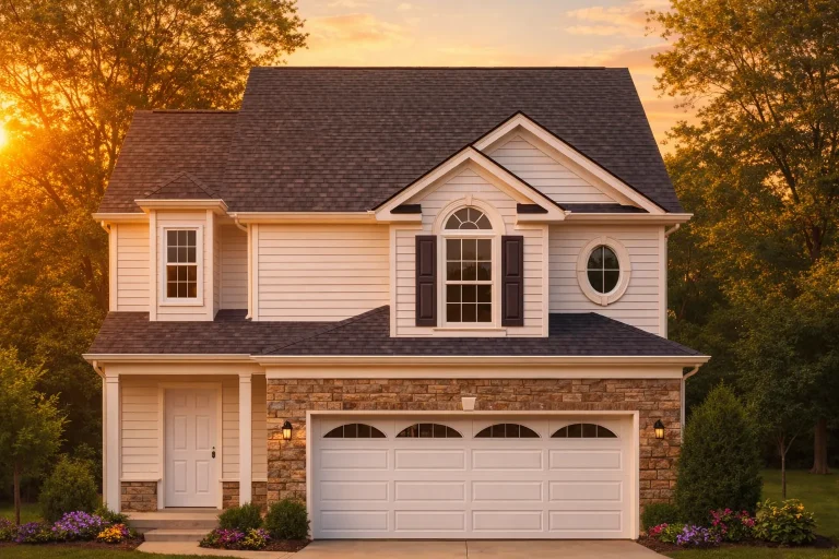 Front elevation of Neo-Colonial Traditional house with brick and lap siding, Craftsman columns, covered porch, and symmetrical 2-story design
