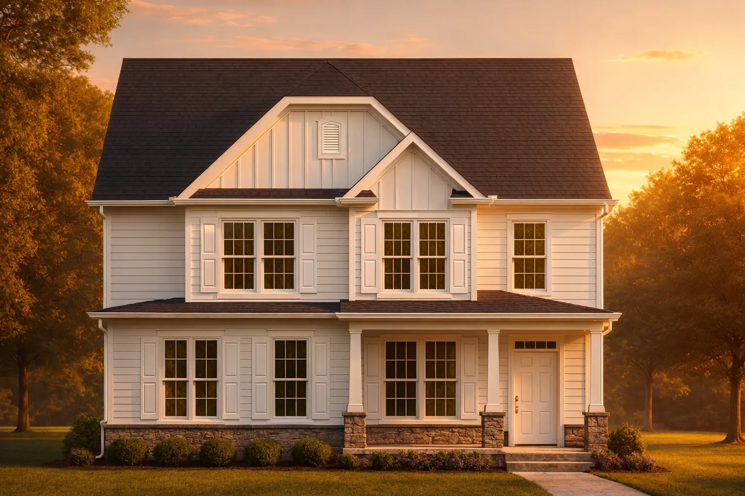 Front elevation of a New American Traditional style home with board and batten siding, lap siding, stone accents, and symmetrical windows