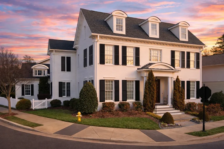 Colonial traditional two-story brick house plan with gable roof, front porch, and 3,202 square feet of living space