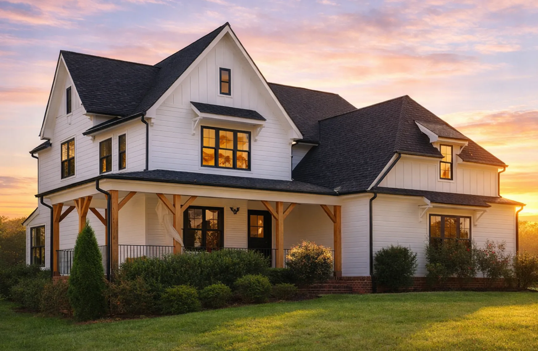 Front exterior of a Modern Farmhouse style home featuring white board and batten siding, black windows, gabled rooflines, and a covered wraparound porch