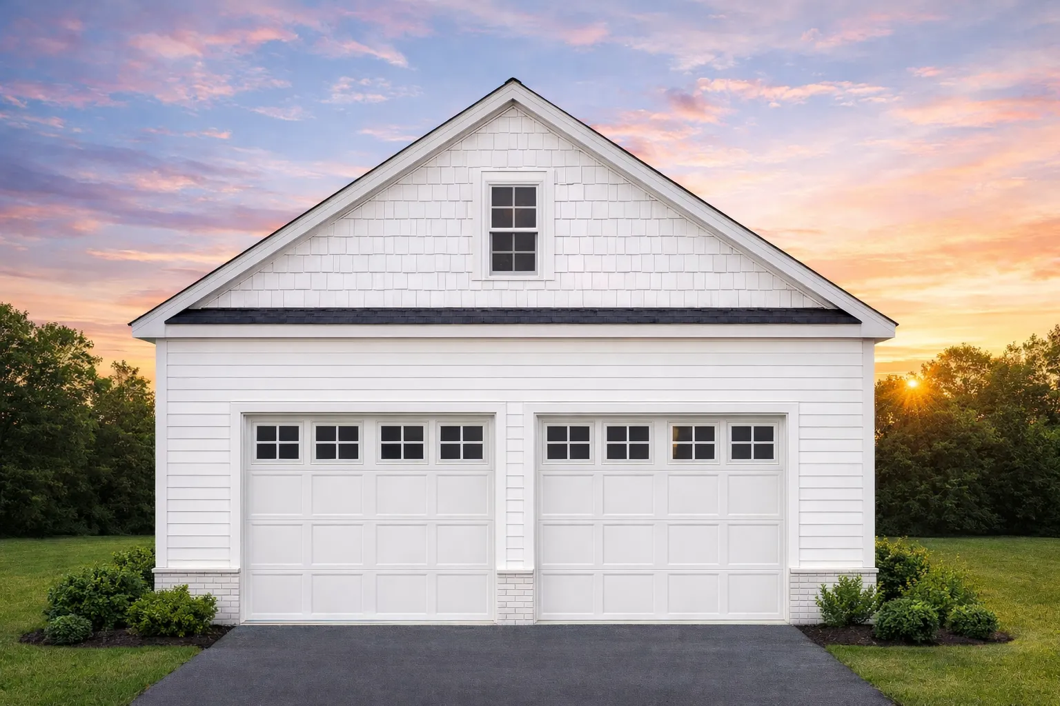 Front elevation of a Cape Cod Cottage style detached two-car garage with horizontal siding, shingle gable, and symmetrical doors