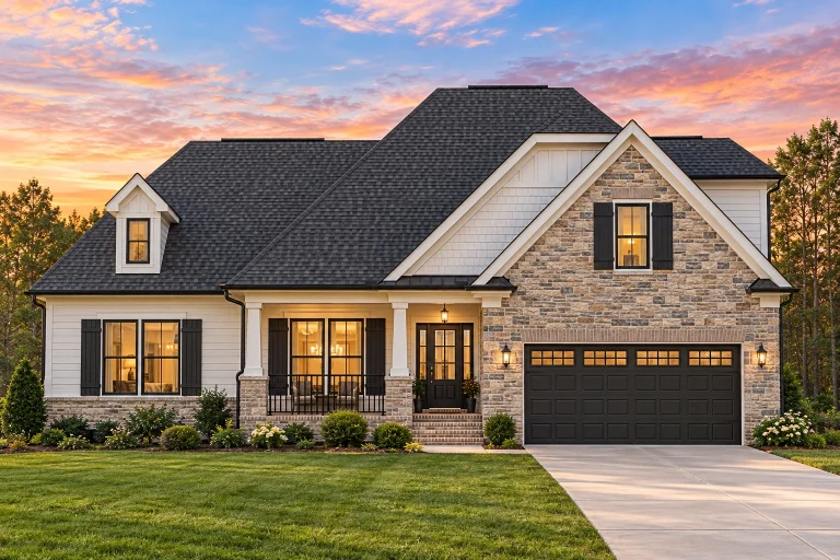 Front elevation of a Traditional Ranch style home featuring stone accents, horizontal lap siding, gable rooflines, and a welcoming covered porch entry