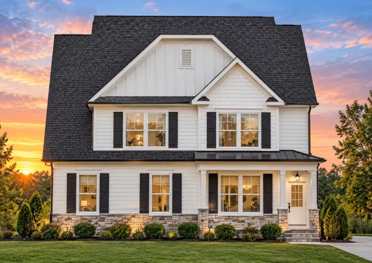 Front elevation of a New American Traditional style home with board and batten siding, lap siding, stone accents, and symmetrical windows