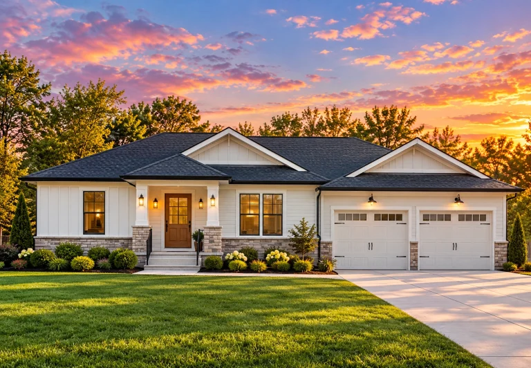 Front view of a Traditional Ranch style home with horizontal vinyl siding, gable rooflines, and attached two-car garage under a clear blue sky