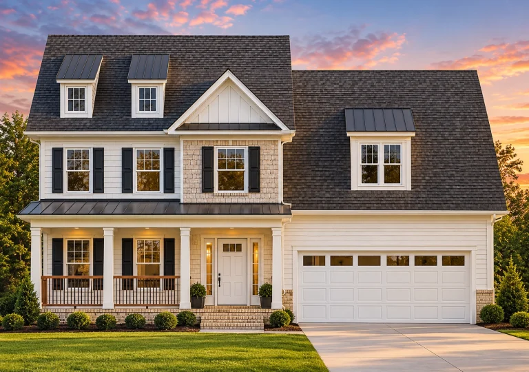 Front exterior view of a New American Traditional style house featuring stone veneer, horizontal siding, symmetrical windows, and a two-car garage