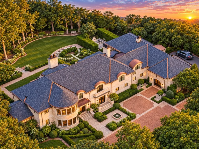 Front elevation of a French Provincial style luxury home featuring brick exterior, arched windows, and elegant European detailing