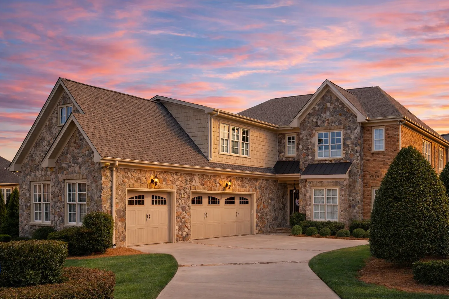 Front elevation of a Traditional Neo-Colonial two-story house with brick facade, stone accents, lap siding details, gabled roof, and shuttered windows