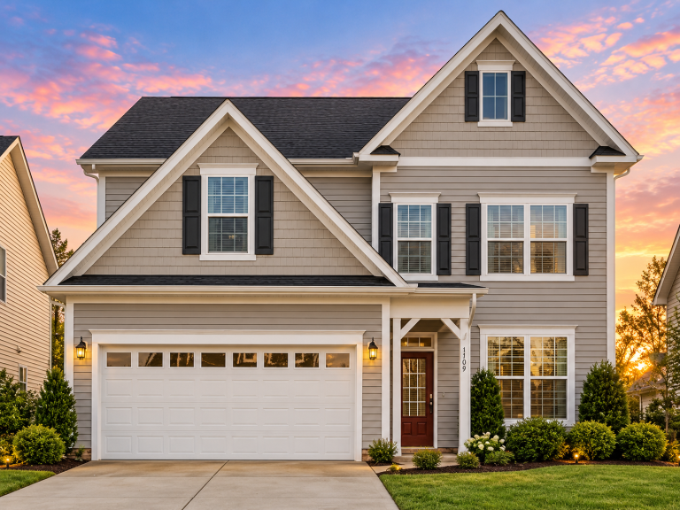Front elevation of a Traditional Colonial home featuring gray horizontal siding, shingle gable accents, brick base, and symmetrical two-story façade with modern detailing.