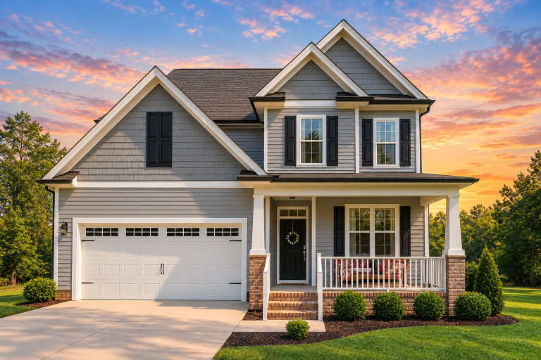 Front elevation of a New American Craftsman home featuring horizontal siding, shingle accents, brick porch columns, and a covered front porch