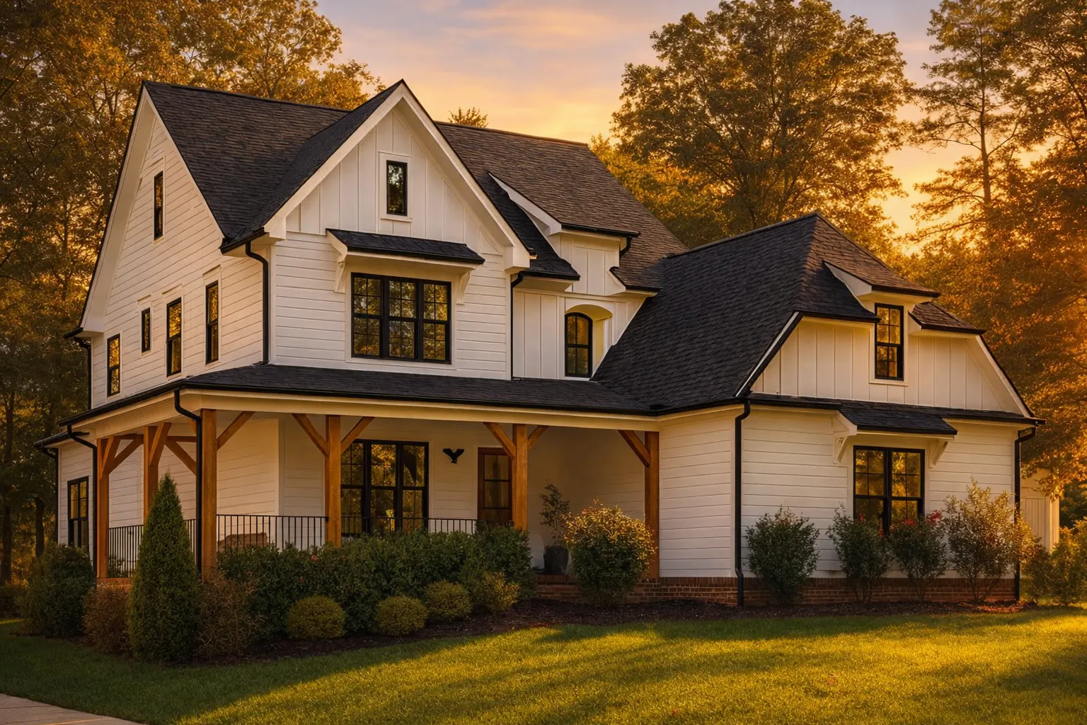 Front exterior of a Modern Farmhouse style home featuring white board and batten siding, black windows, gabled rooflines, and a covered wraparound porch