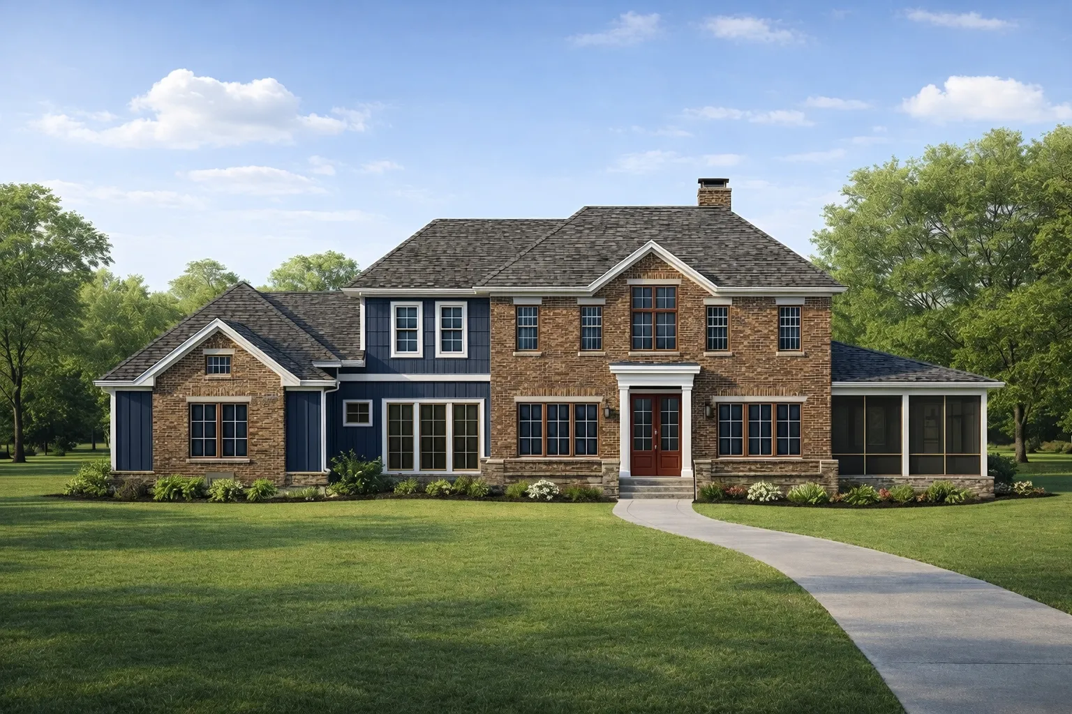 Transitional Ranch House Plans 5 Front elevation of a Traditional Colonial Revival home with brick exterior, symmetrical windows, black shutters, and covered side porch