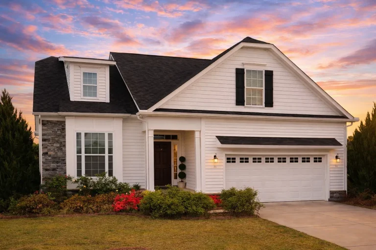 Front elevation of a New American Cape Cod style house featuring horizontal siding, stone accents, steep gable roof, and attached two-car garage