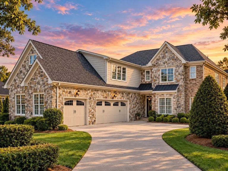 Front elevation of a Traditional Neo-Colonial two-story house with brick facade, stone accents, lap siding details, gabled roof, and shuttered windows